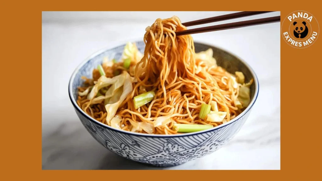 Panda Express Chow Mein 3 Delicious Panda Express Chow Mein in a bowl with chopsticks, garnished with cabbage and green onions