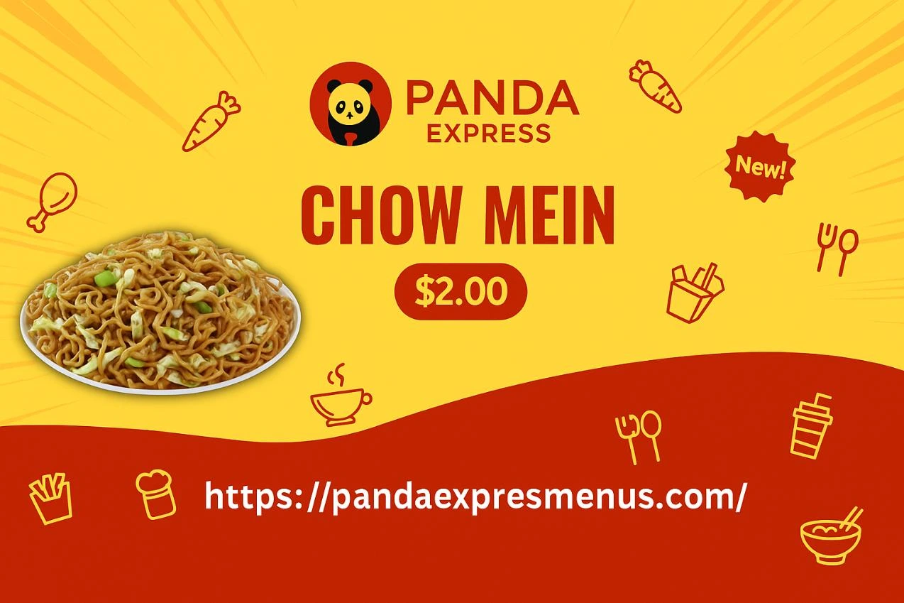 Panda Express Chow Mein 1 Promotional banner showing Panda Express Chow Mein for $2.00 with website link pandaexpressmenus.com