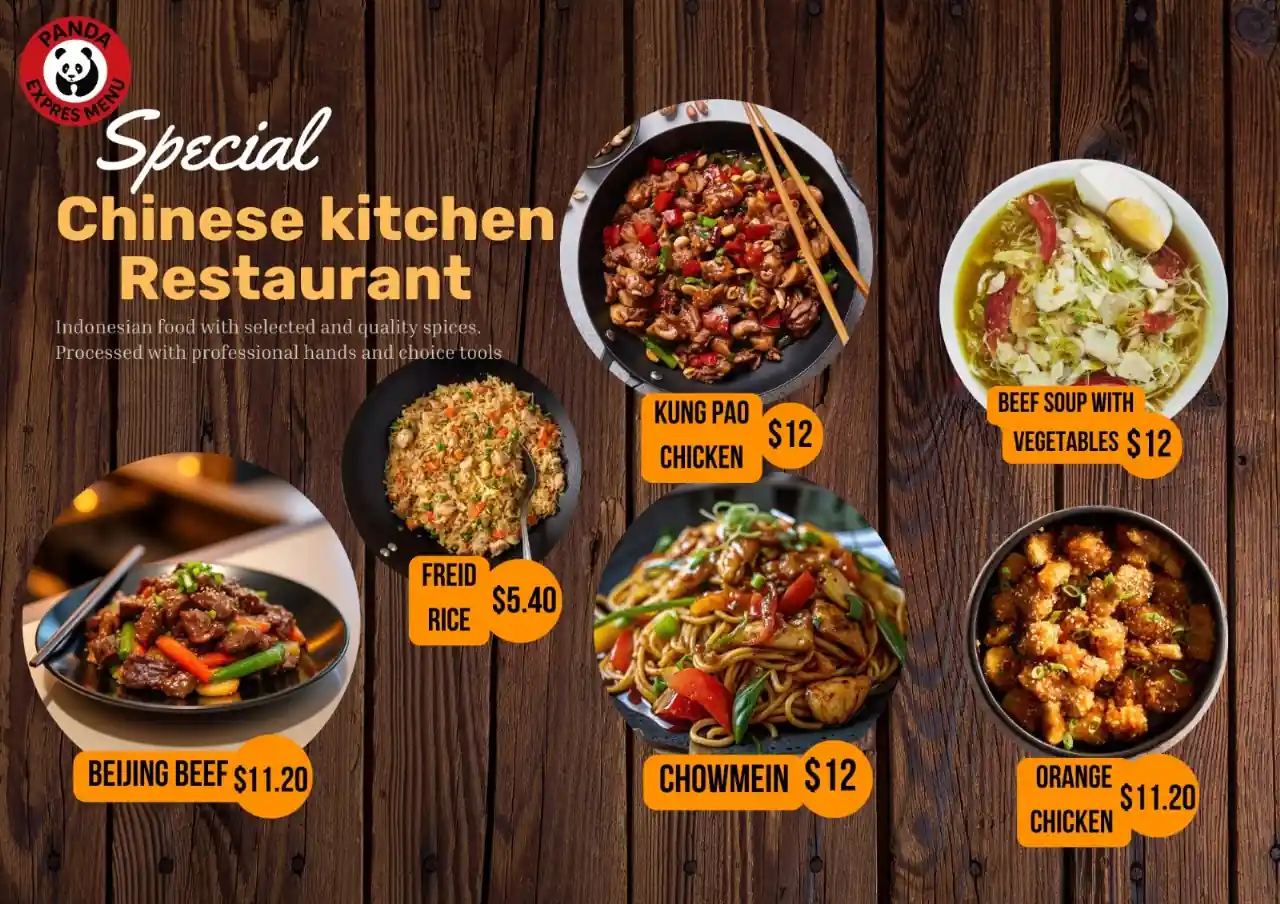 "Special Chinese kitchen restaurant menu showing Kung Pao Chicken, Fried Rice, Chow Mein, Beijing Beef, Orange Chicken, and Beef Soup with prices."