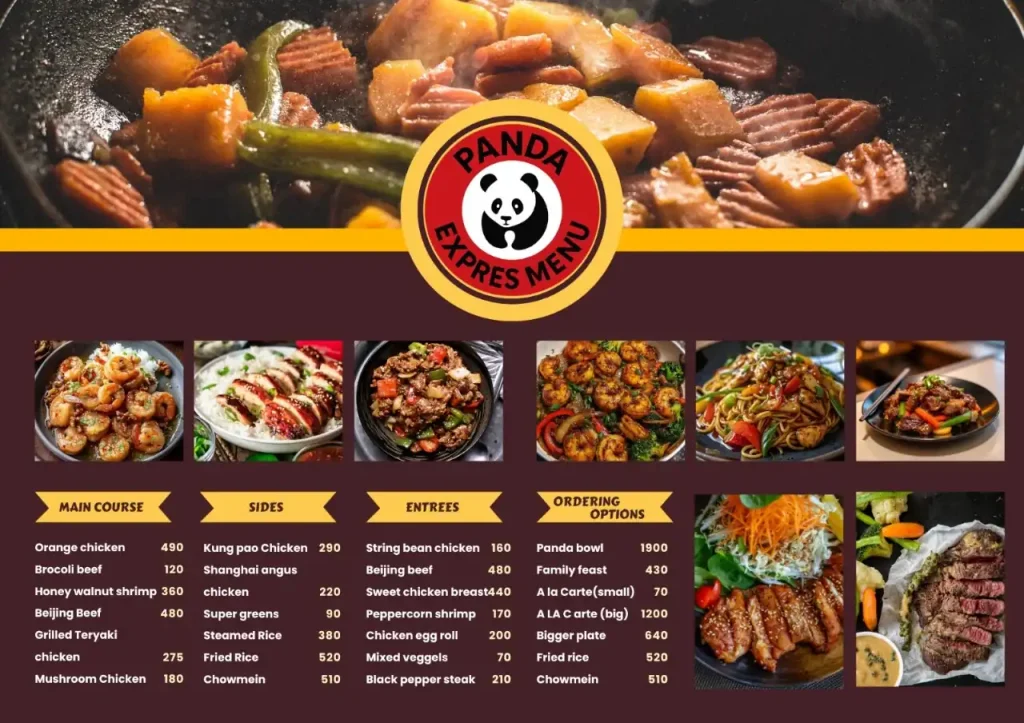 "Panda Express food menu featuring Orange Chicken, Broccoli Beef, Honey Walnut Shrimp, Grilled Teriyaki Chicken, Beijing Beef, Fried Rice, Chow Mein, and family meal options."